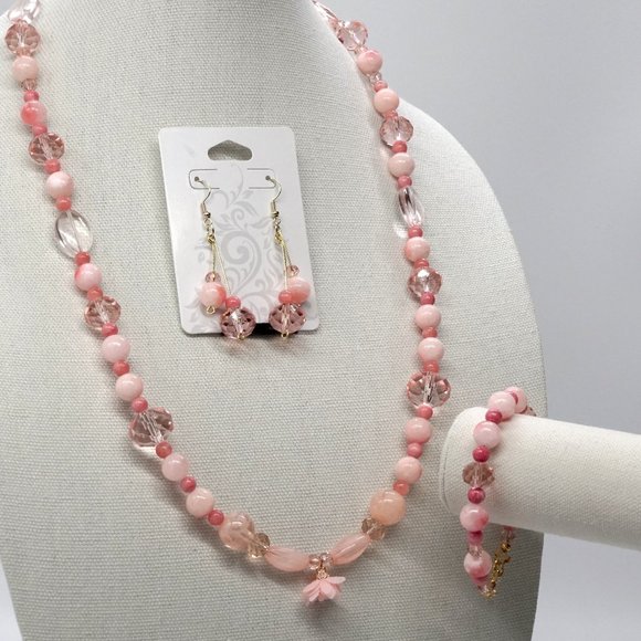 My Bead Emporium Jewelry - 3 Piece Set Necklace Bracelet Earrings Coral Crystal Glass Beads Flower Pendant
